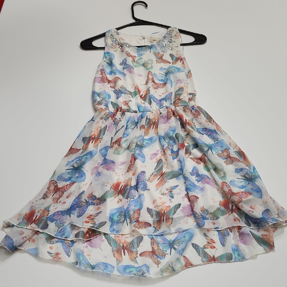 btween Butterfly Print Kids Dress - Blue and White